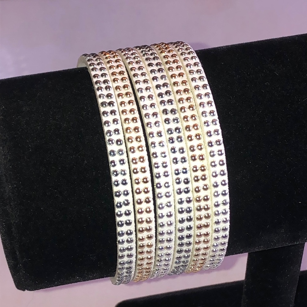 White Faux Leather Bracelet with Gold Tone & Silver Tone Studs